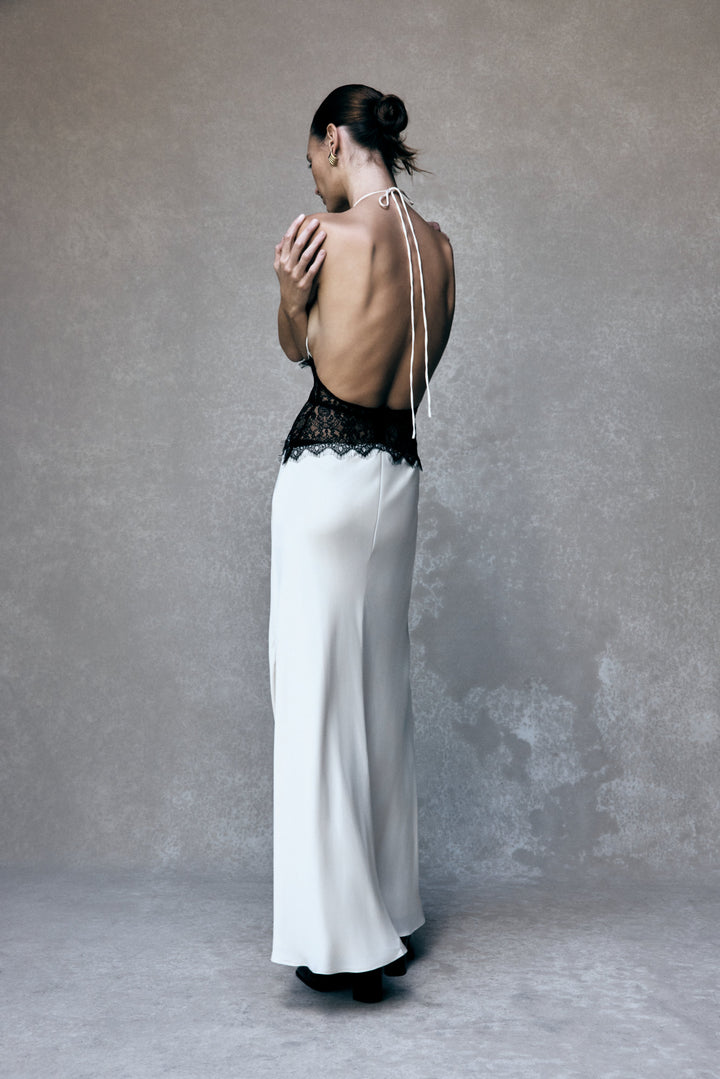 Glamcroft Maxi Dress with Lace and Satin Details in Black/Ivory