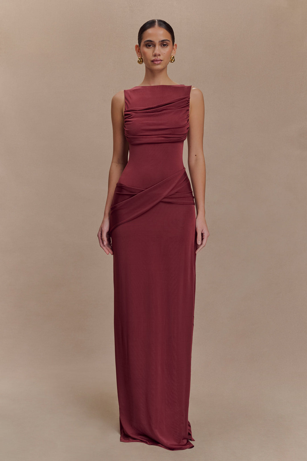 Glamcroft Maxi Dress with Boat Neckline and Open Back