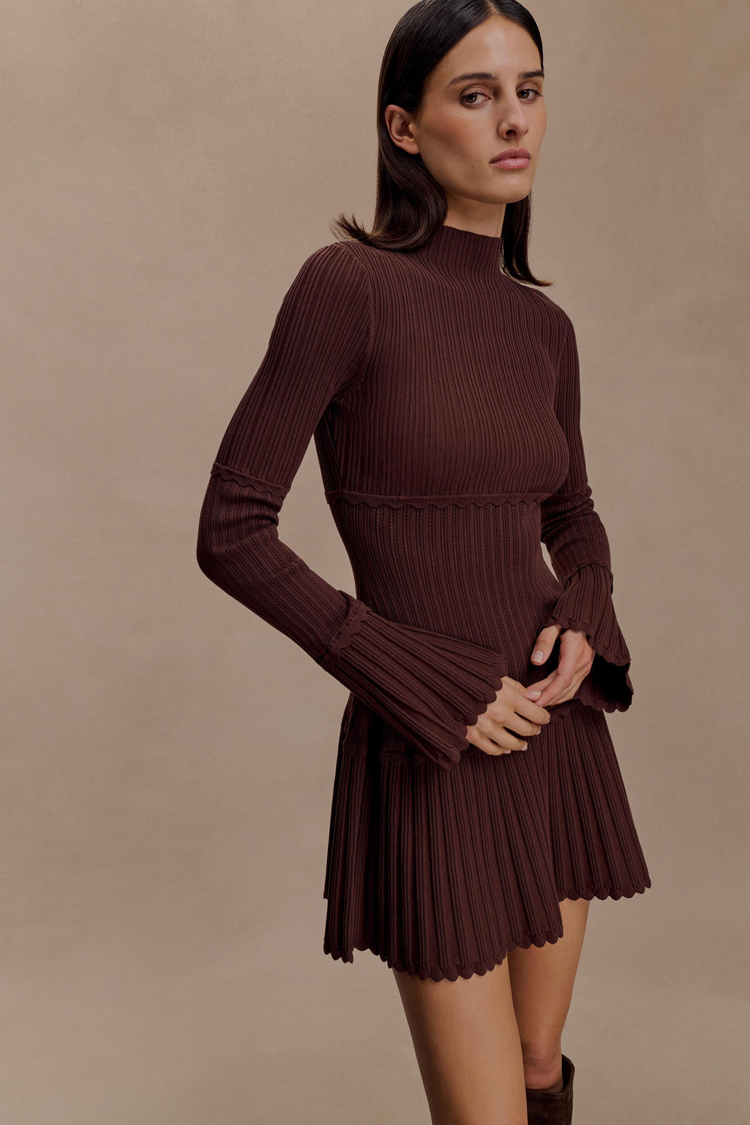 Glamcroft Mini Dress Pointelle Knit Long Sleeve Turtle Neck