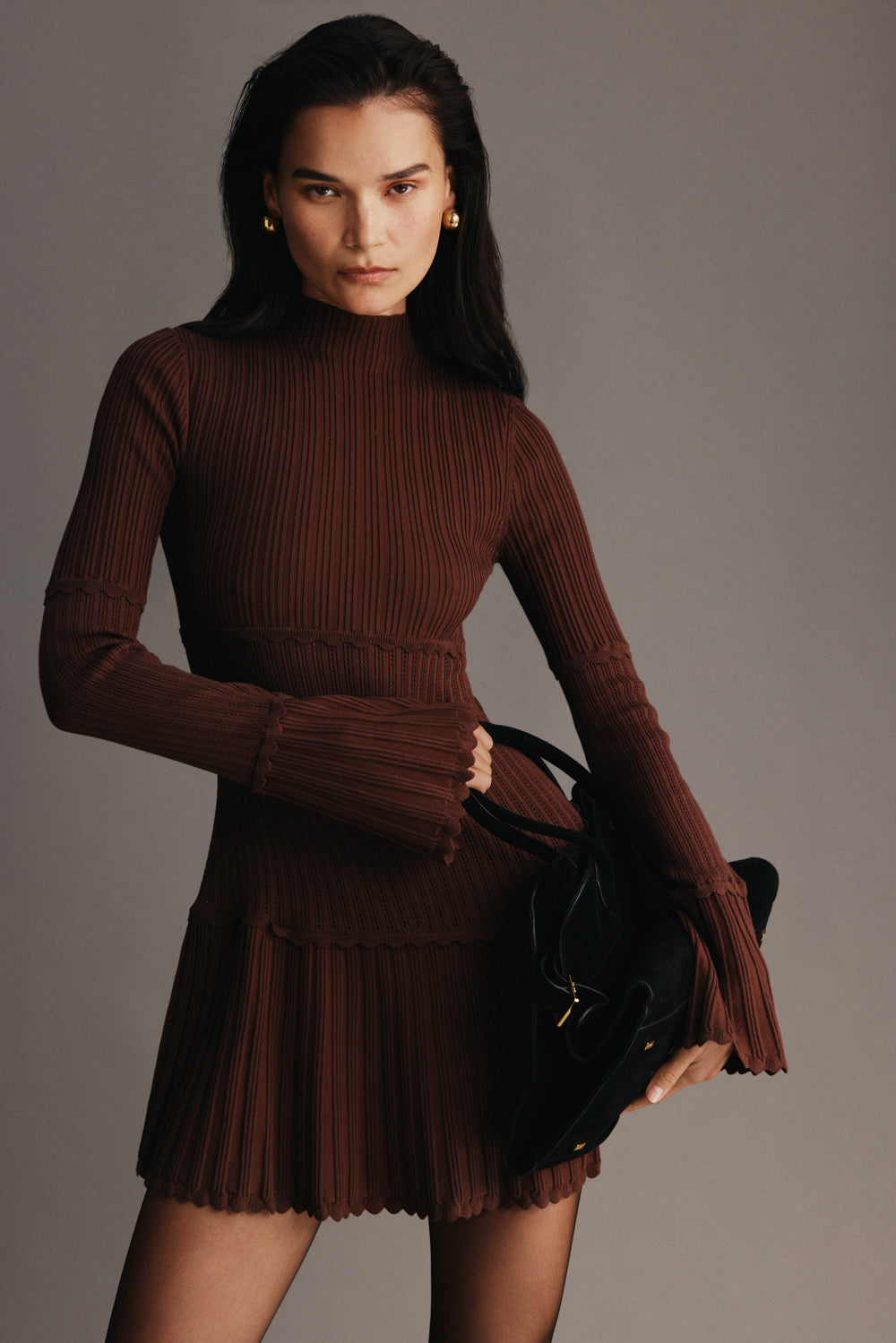 Glamcroft Mini Dress Pointelle Knit Long Sleeve Turtle Neck
