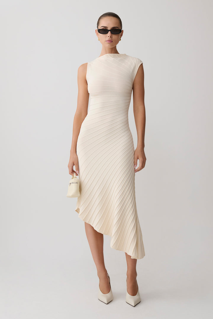 Glamcroft Dresses Pleated Knit Midi Dress with Asymmetrical Neckline