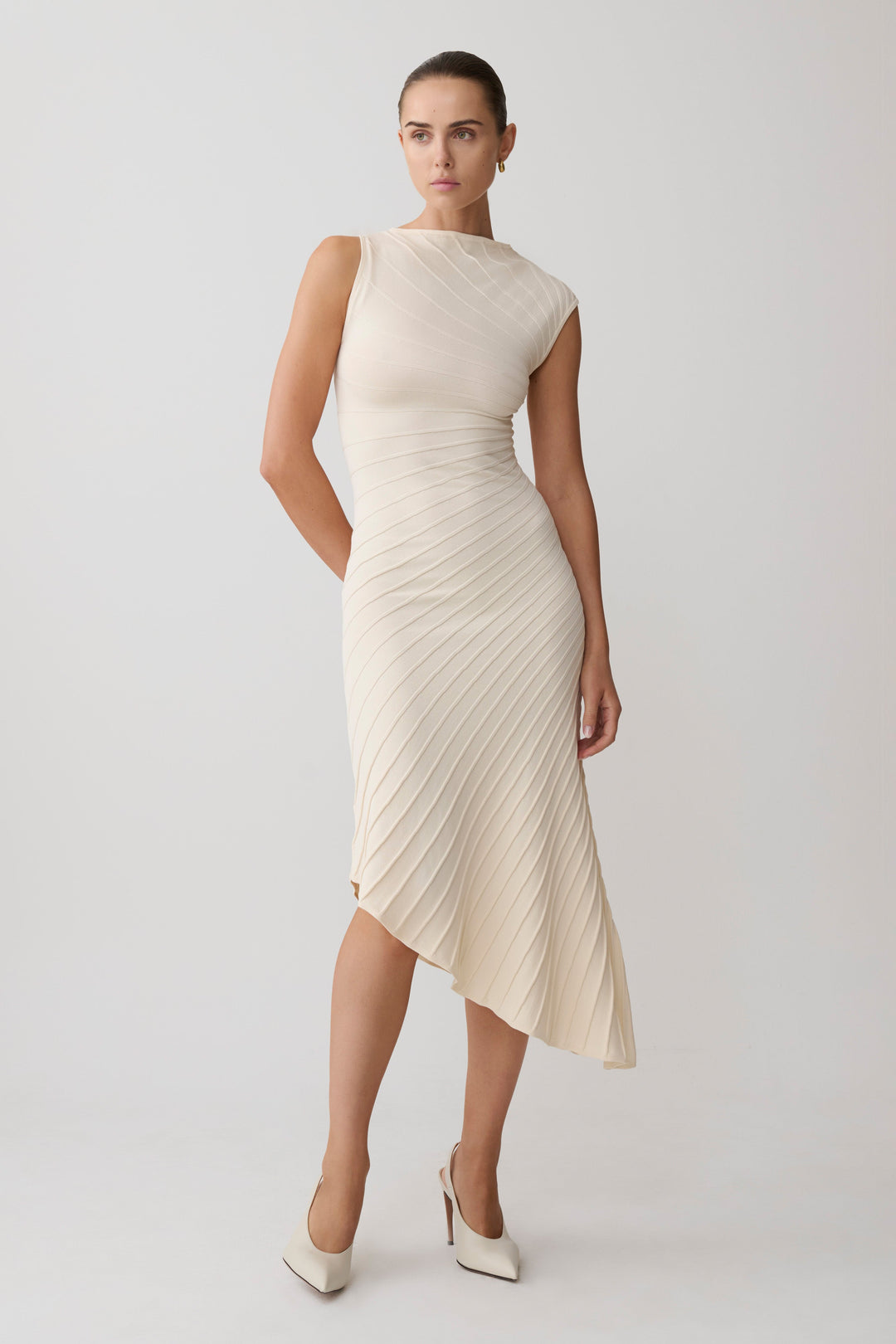 Glamcroft Dresses Pleated Knit Midi Dress with Asymmetrical Neckline