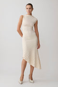 Glamcroft Dresses Pleated Knit Midi Dress with Asymmetrical Neckline