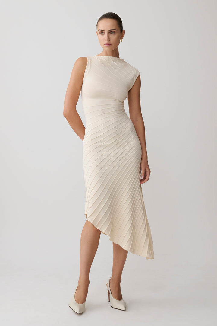 Glamcroft Dresses Pleated Knit Midi Dress with Asymmetrical Neckline