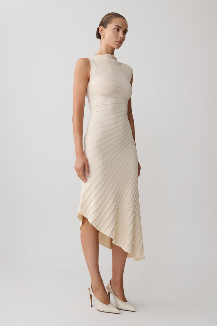 Glamcroft Dresses Pleated Knit Midi Dress with Asymmetrical Neckline