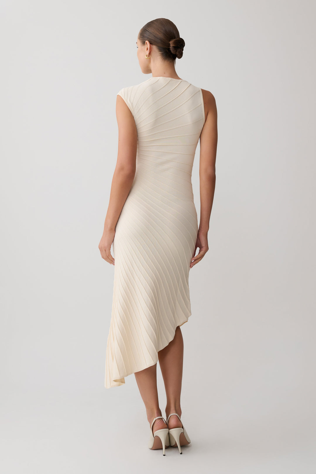 Glamcroft Dresses Pleated Knit Midi Dress with Asymmetrical Neckline
