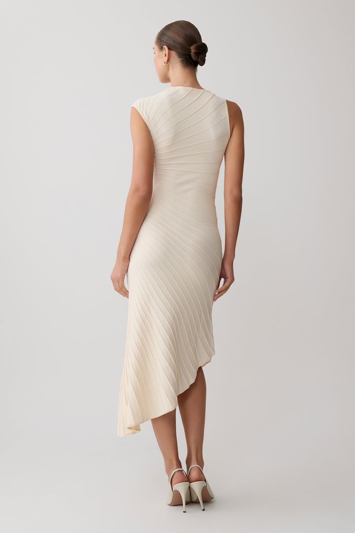 Glamcroft Dresses Pleated Knit Midi Dress with Asymmetrical Neckline