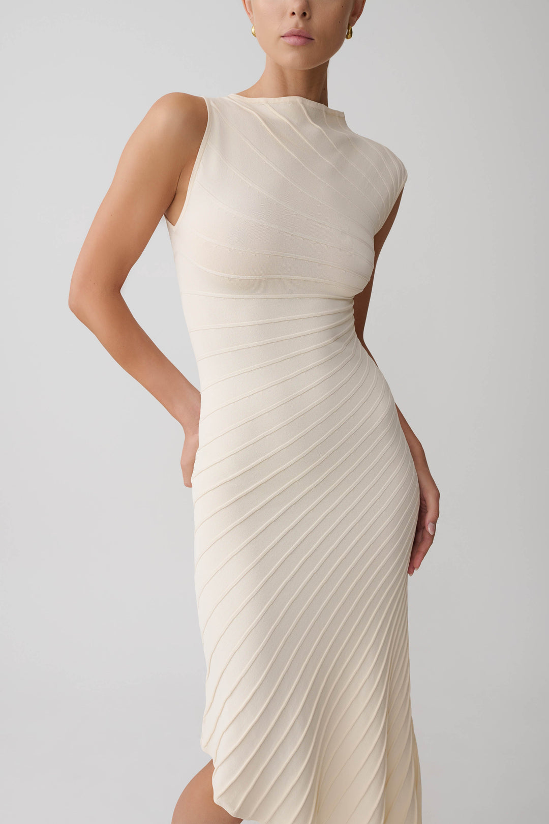 Glamcroft Dresses Pleated Knit Midi Dress with Asymmetrical Neckline