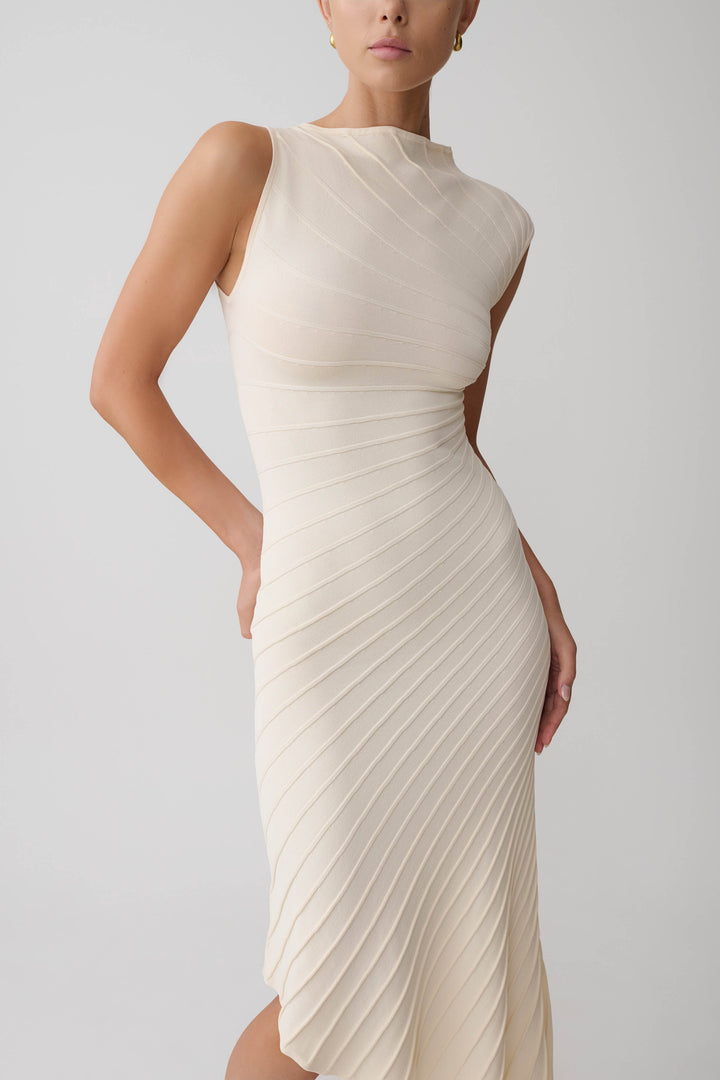 Glamcroft Dresses Pleated Knit Midi Dress with Asymmetrical Neckline