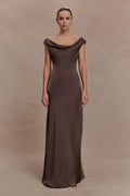 Glamcroft Maxi Dress with Cowl Neck and Lace Trim in Mocha