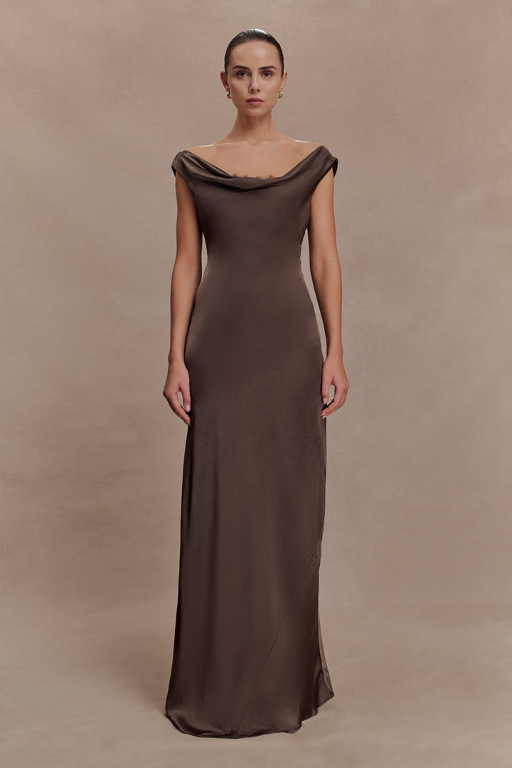 Glamcroft Maxi Dress with Cowl Neck and Lace Trim in Mocha