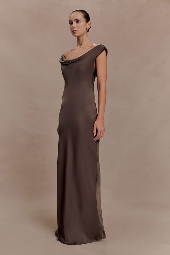 Glamcroft Maxi Dress with Cowl Neck and Lace Trim in Mocha