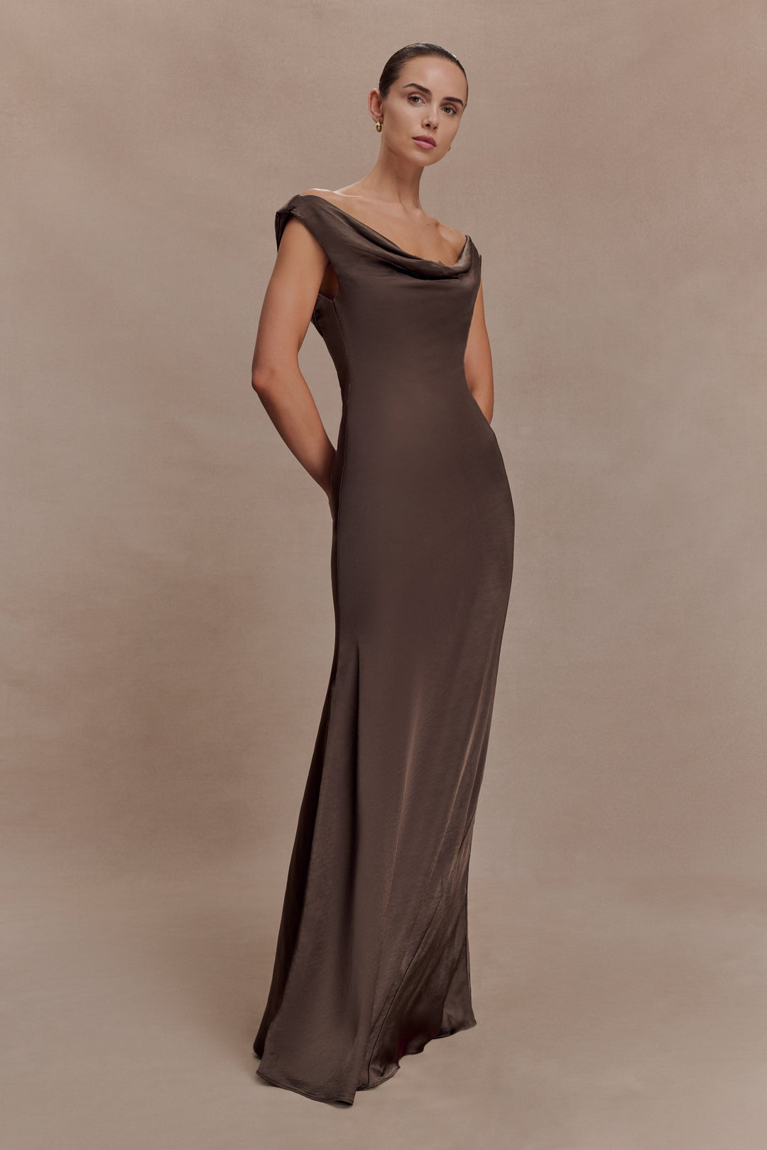 Glamcroft Maxi Dress with Cowl Neck and Lace Trim in Mocha