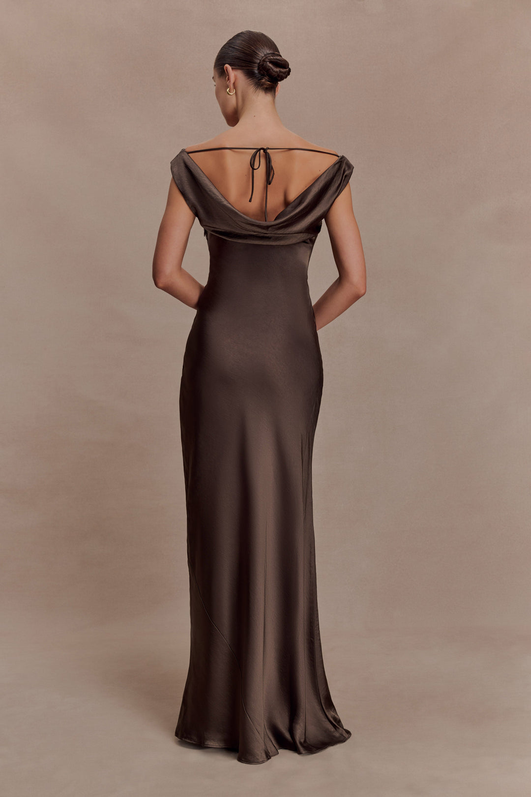 Glamcroft Maxi Dress with Cowl Neck and Lace Trim in Mocha
