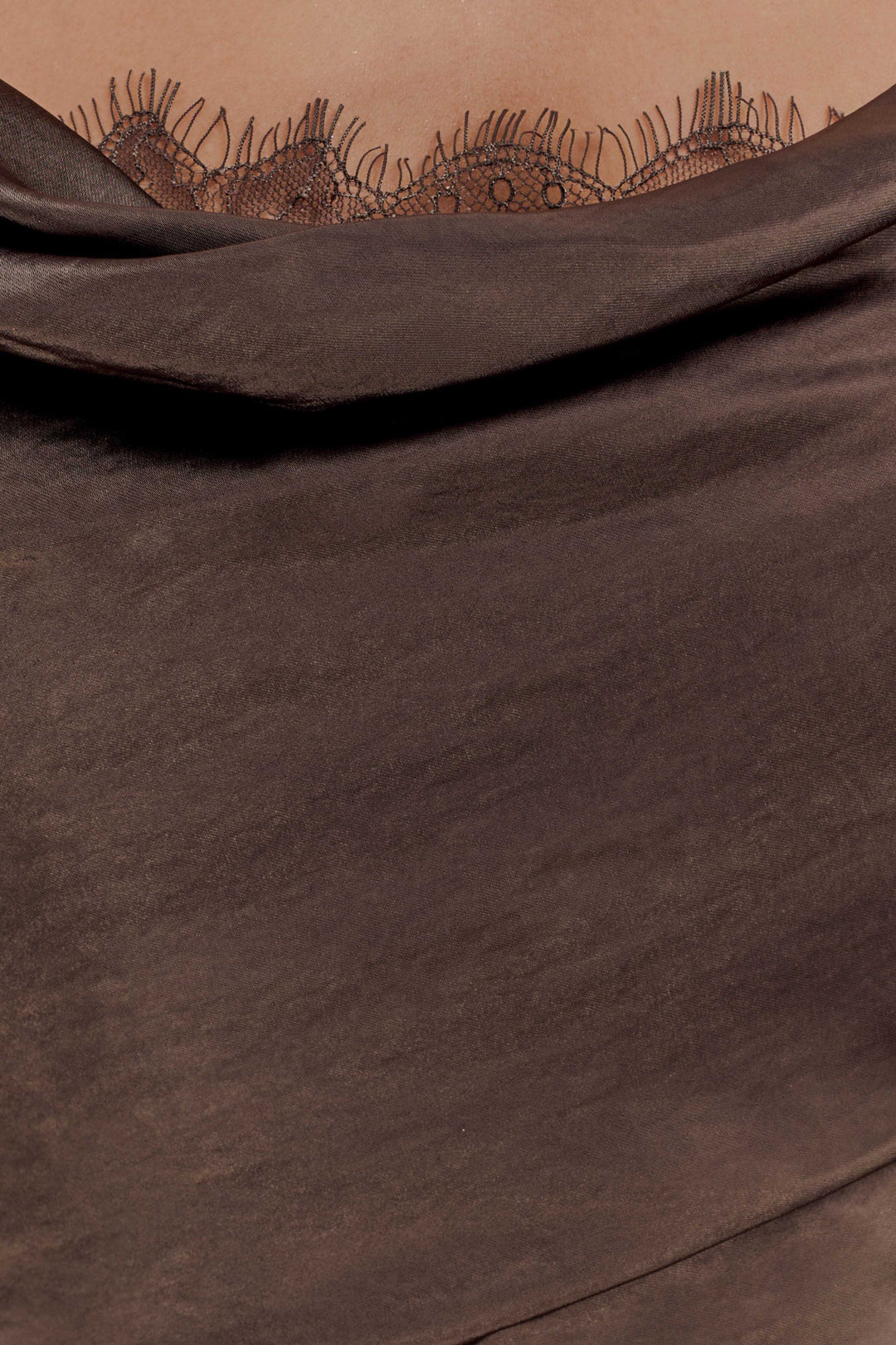 Glamcroft Maxi Dress with Cowl Neck and Lace Trim in Mocha