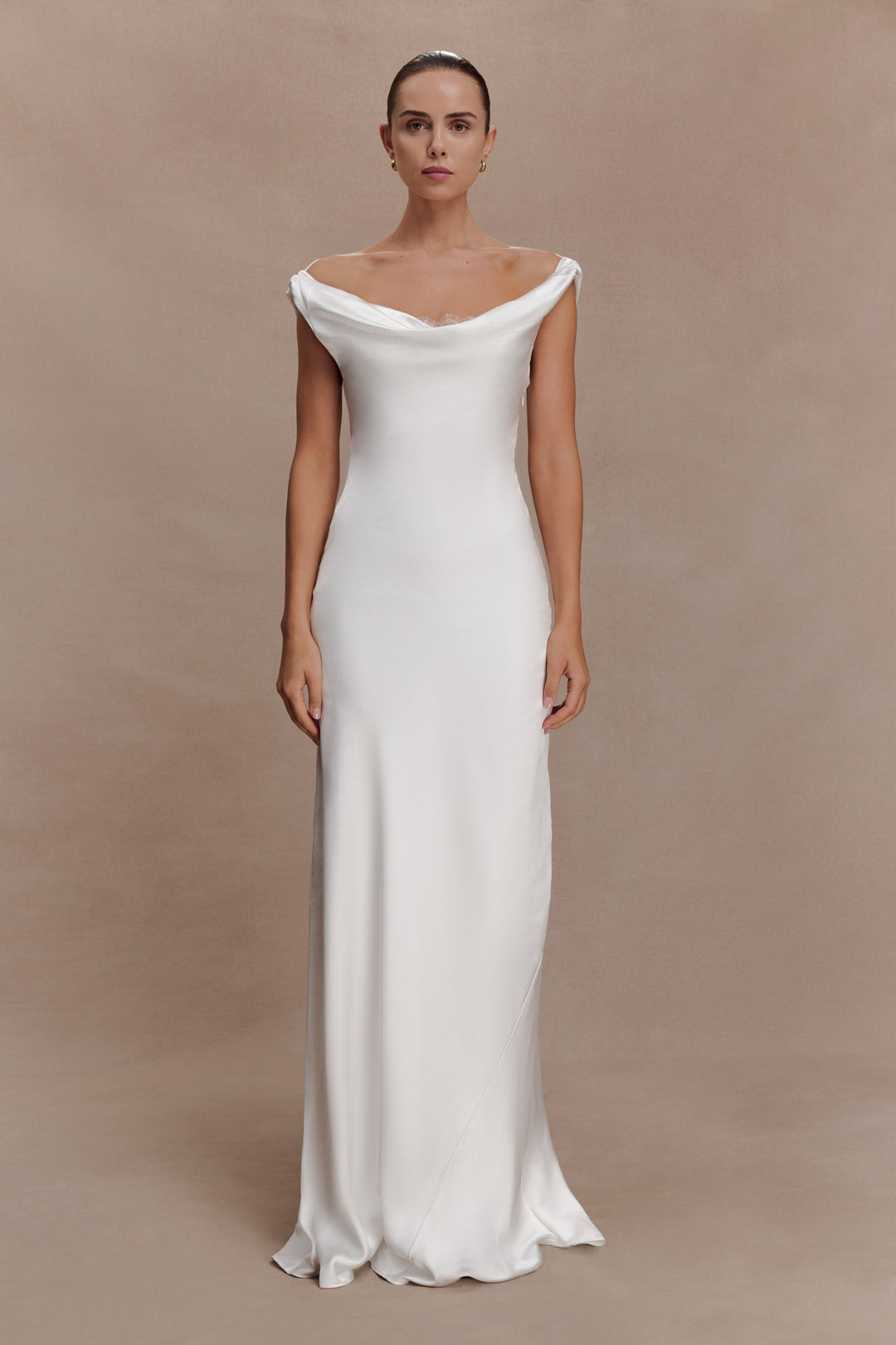 Glamcroft Maxi Dress with Cowl Neckline and Lace Trim - Ivory