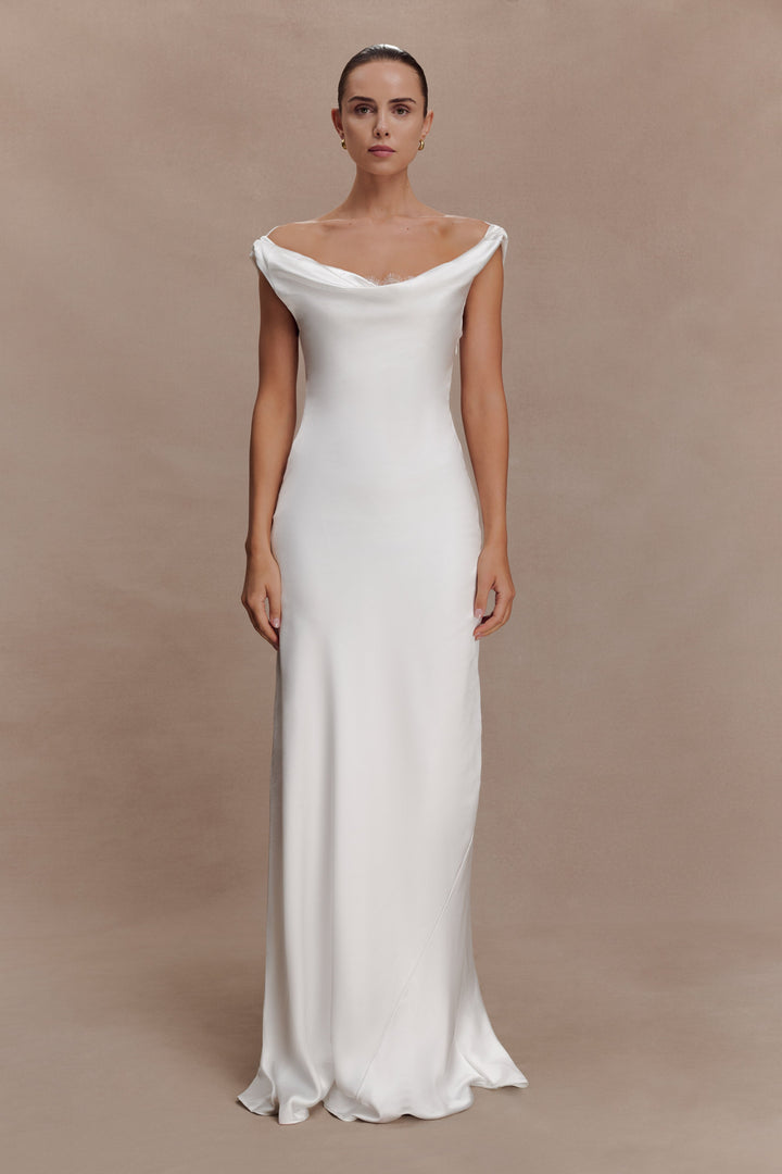 Glamcroft Maxi Dress with Cowl Neckline and Lace Trim - Ivory