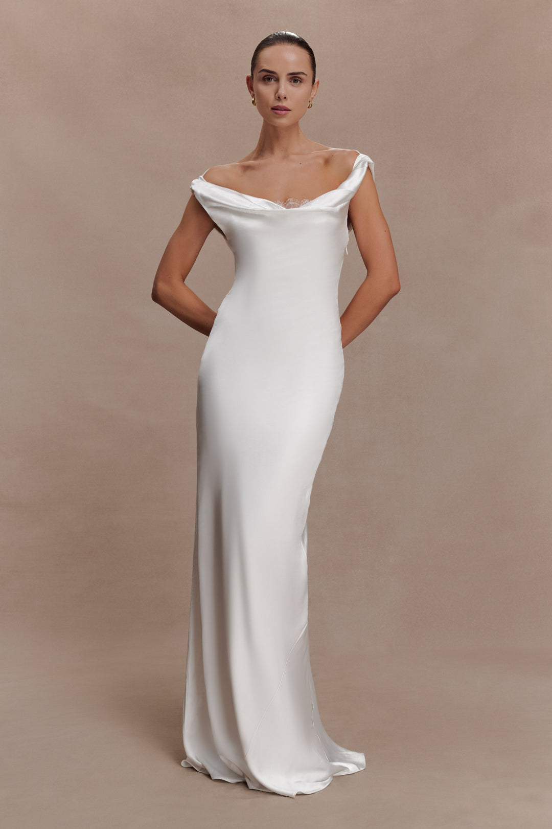 Glamcroft Maxi Dress with Cowl Neckline and Lace Trim - Ivory