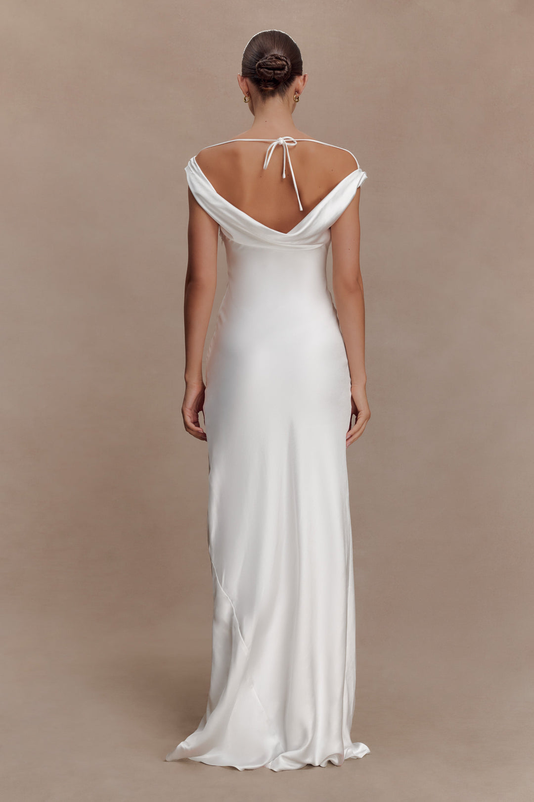 Glamcroft Maxi Dress with Cowl Neckline and Lace Trim - Ivory