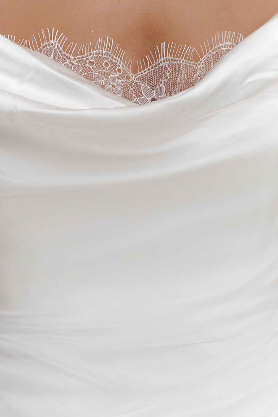 Glamcroft Maxi Dress with Cowl Neckline and Lace Trim - Ivory