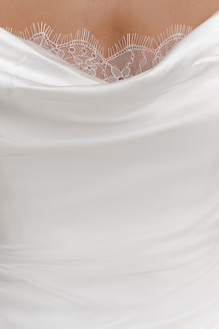 Glamcroft Maxi Dress with Cowl Neckline and Lace Trim - Ivory