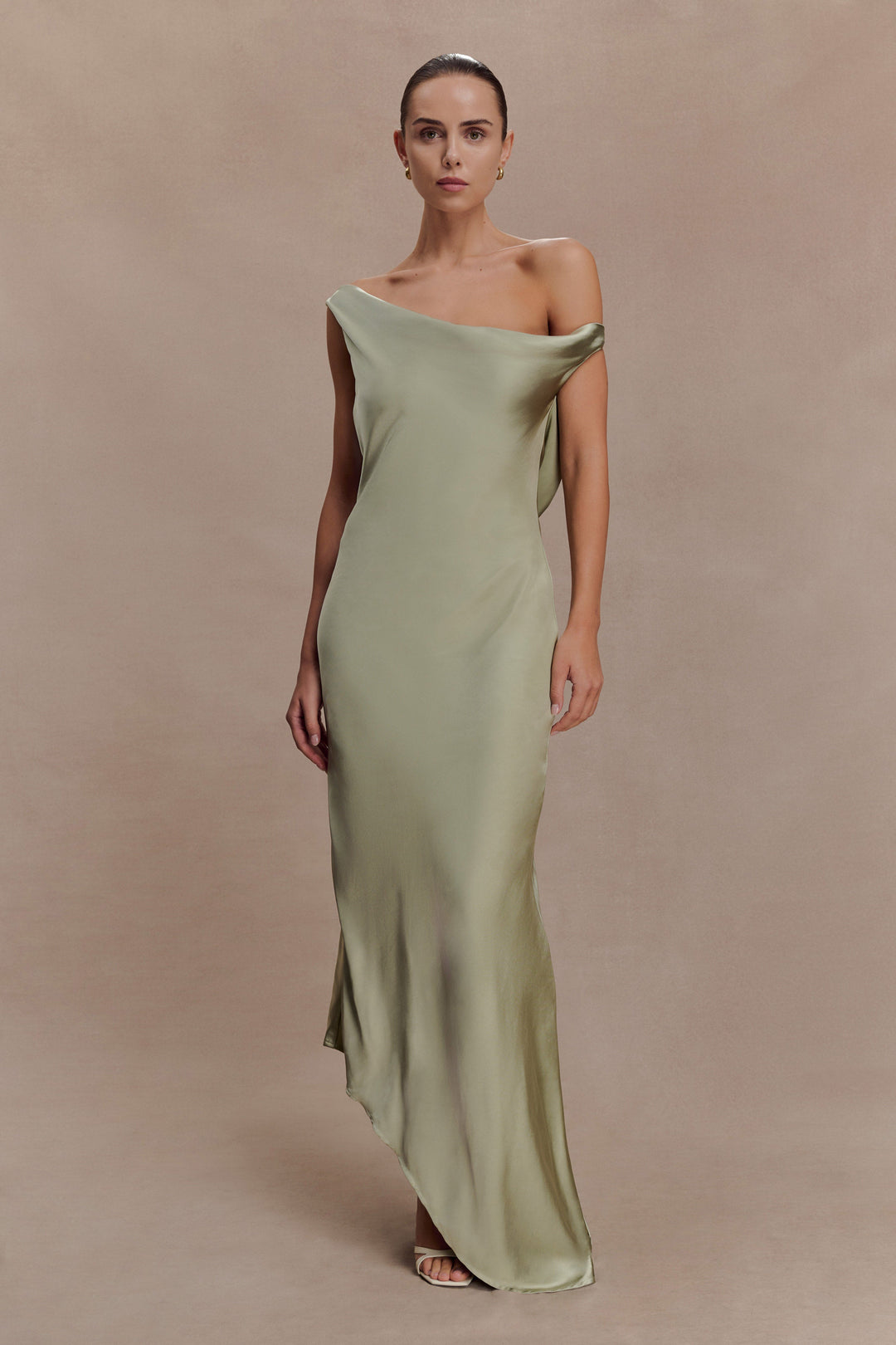 Glamcroft Slip Maxi Dress with Asymmetrical Hem in Sage
