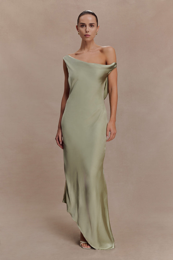 Glamcroft Slip Maxi Dress with Asymmetrical Hem in Sage