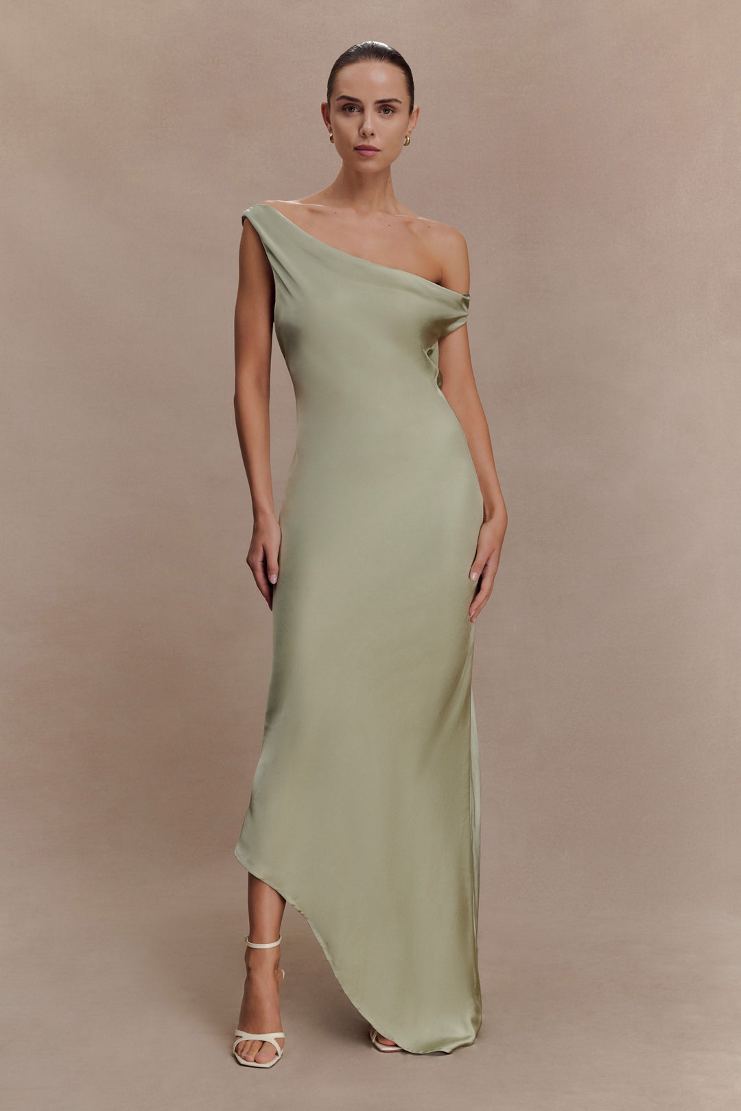 Glamcroft Slip Maxi Dress with Asymmetrical Hem in Sage