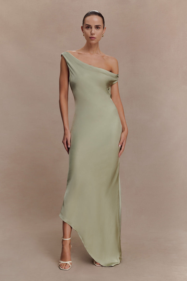 Glamcroft Slip Maxi Dress with Asymmetrical Hem in Sage