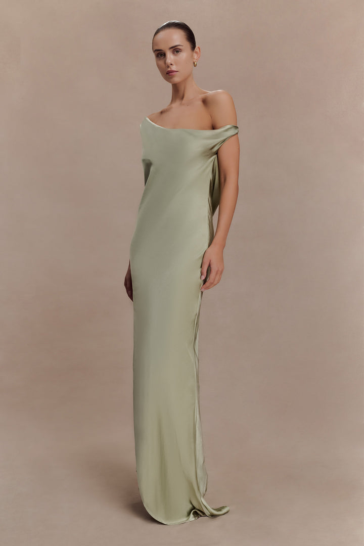Glamcroft Slip Maxi Dress with Asymmetrical Hem in Sage