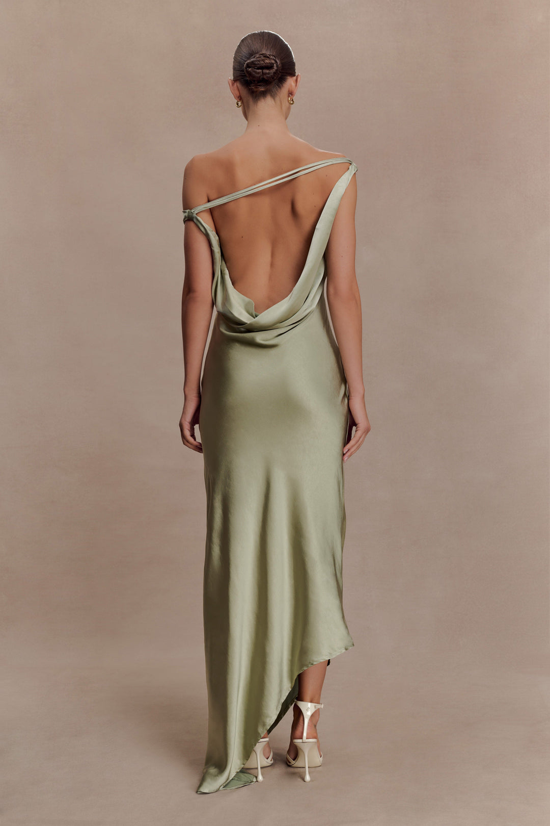 Glamcroft Slip Maxi Dress with Asymmetrical Hem in Sage