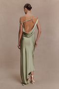 Glamcroft Slip Maxi Dress with Asymmetrical Hem in Sage