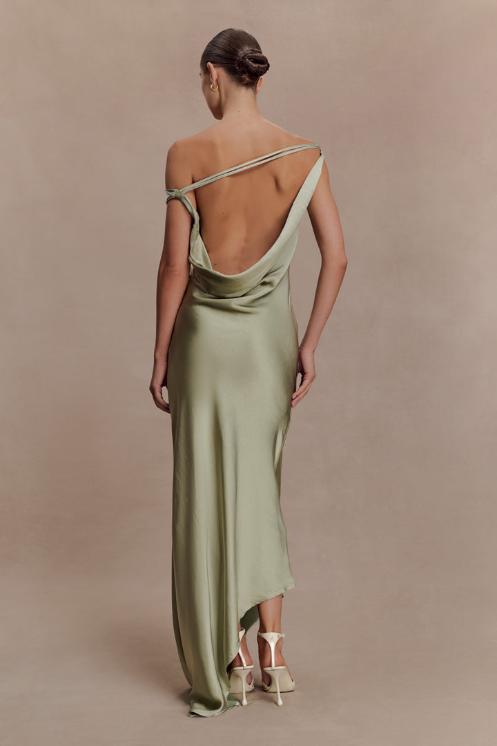 Glamcroft Slip Maxi Dress with Asymmetrical Hem in Sage
