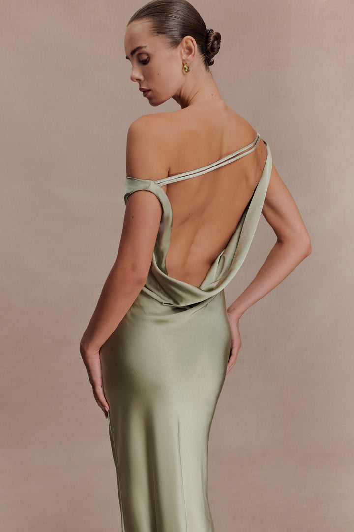 Glamcroft Slip Maxi Dress with Asymmetrical Hem in Sage