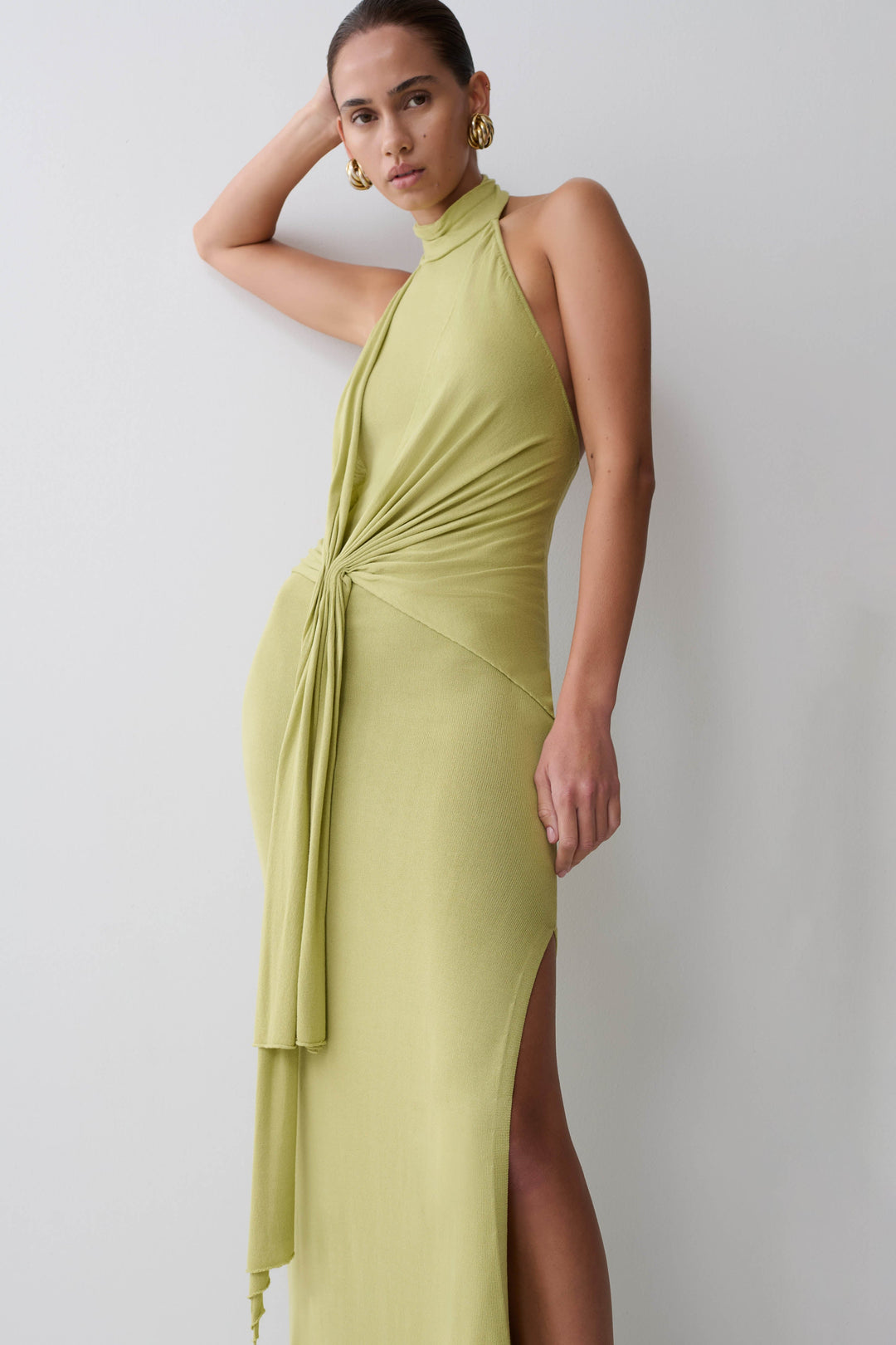 Glamcroft Dresses Halter Knit Maxi Dress Light Olive