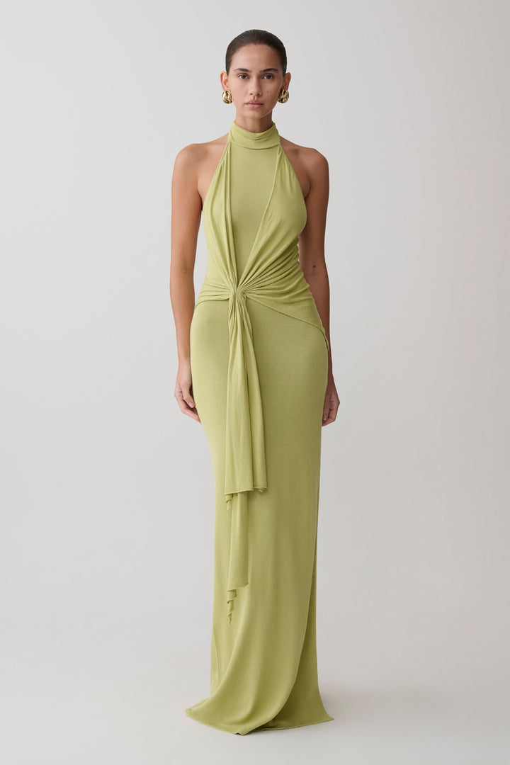 Glamcroft Dresses Halter Knit Maxi Dress Light Olive