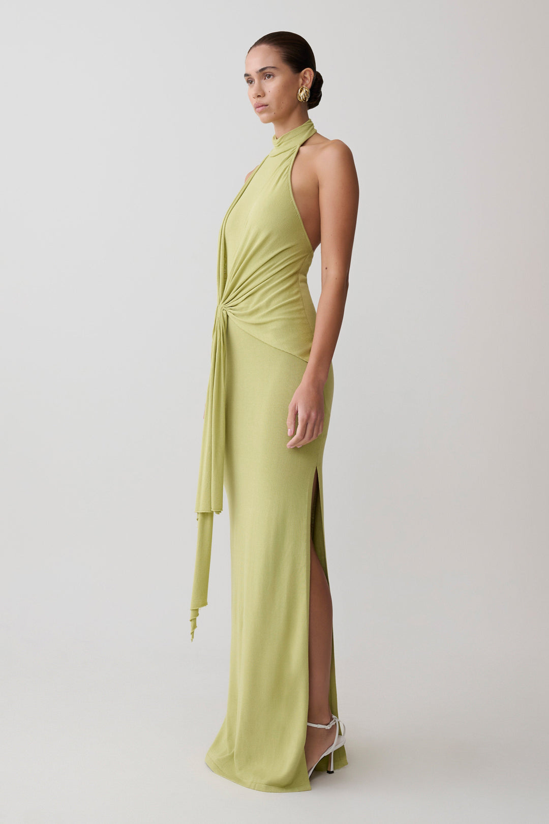 Glamcroft Dresses Halter Knit Maxi Dress Light Olive