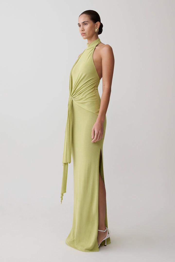 Glamcroft Dresses Halter Knit Maxi Dress Light Olive