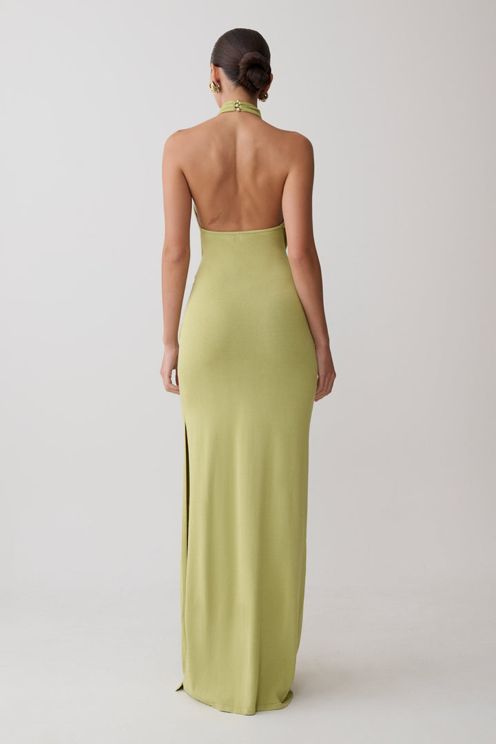 Glamcroft Dresses Halter Knit Maxi Dress Light Olive