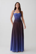 Azizi Pleated Halter Maxi Dress - Chocolate & Blue Ombre Print
