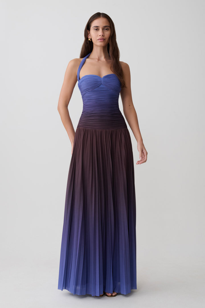 Azizi Pleated Halter Maxi Dress - Chocolate & Blue Ombre Print