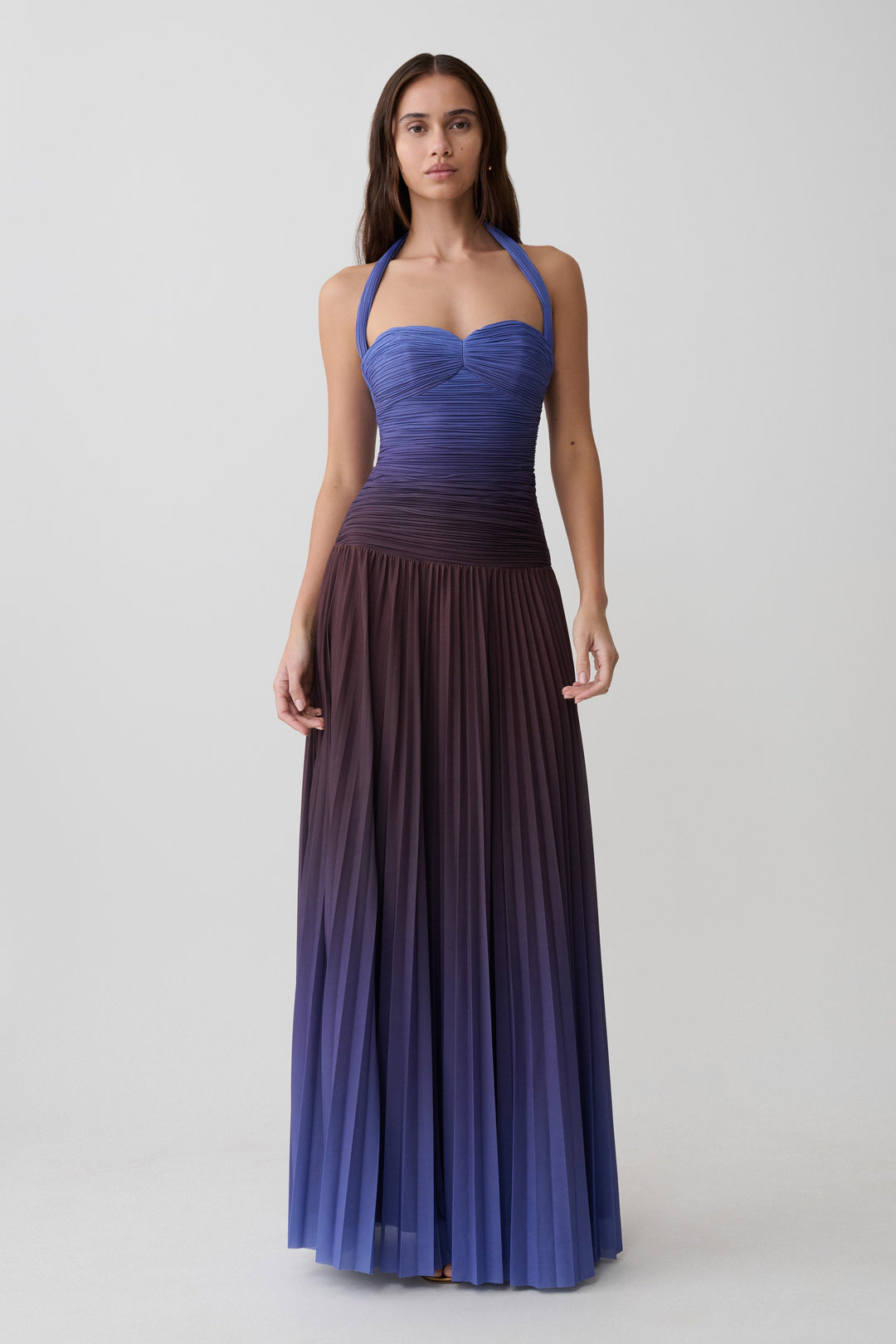 Azizi Pleated Halter Maxi Dress - Chocolate & Blue Ombre Print