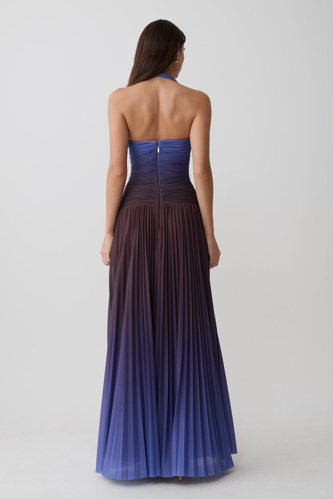 Azizi Pleated Halter Maxi Dress - Chocolate & Blue Ombre Print
