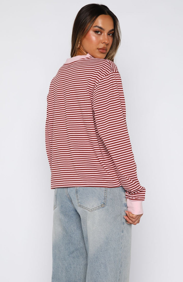 Glamcroft Long Sleeve Tee Pink Stripe Relaxed Fit Crew Neck