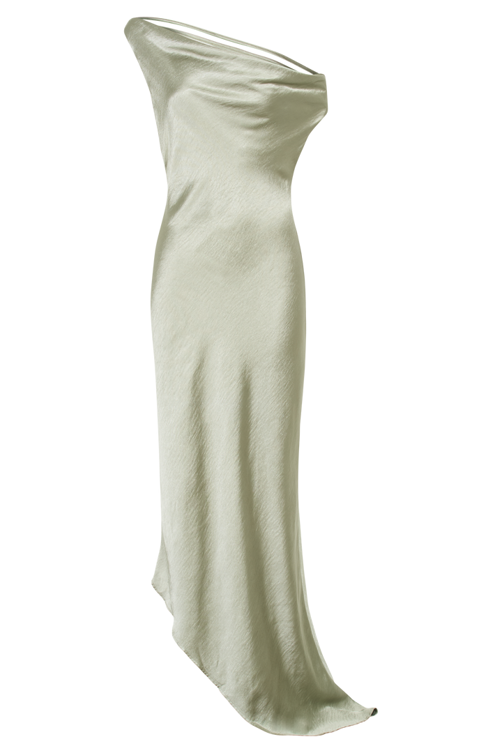 Glamcroft Slip Maxi Dress with Asymmetrical Hem in Sage