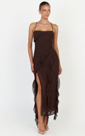 Connie Midi Dress - Ruffle Detail Dress in Chocolate