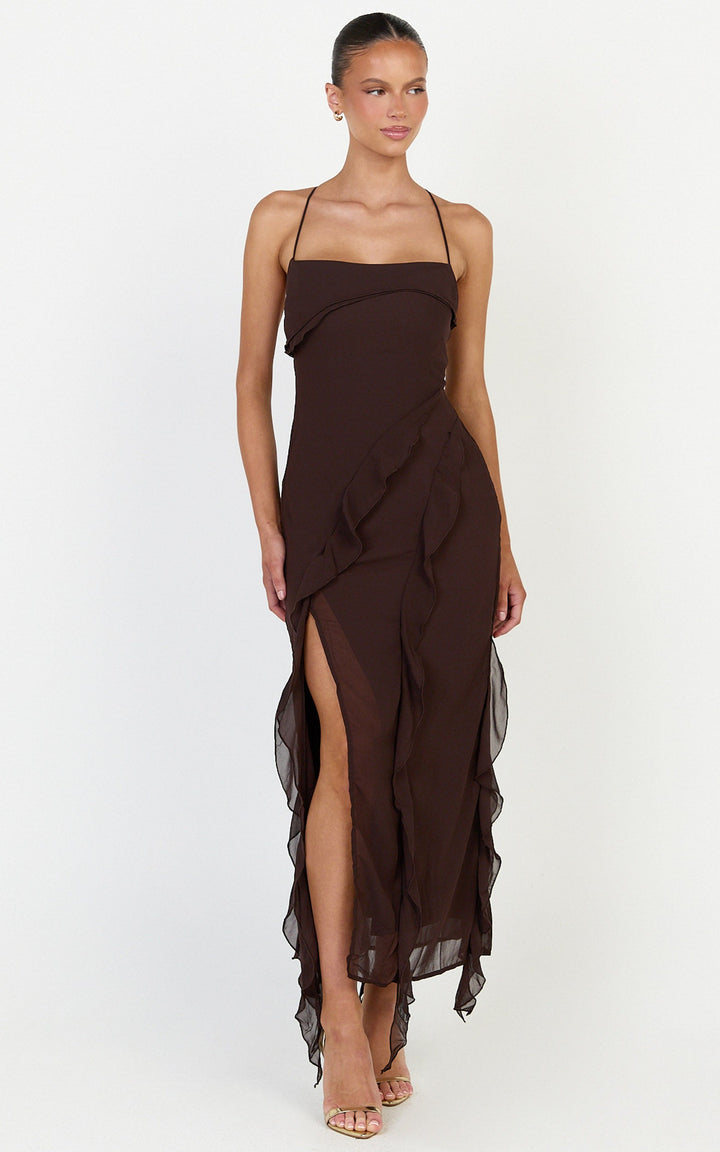 Connie Midi Dress - Ruffle Detail Dress in Chocolate