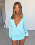 Glamcroft Mini Dress Aqua Blue Wrap Surplice Long Sleeves