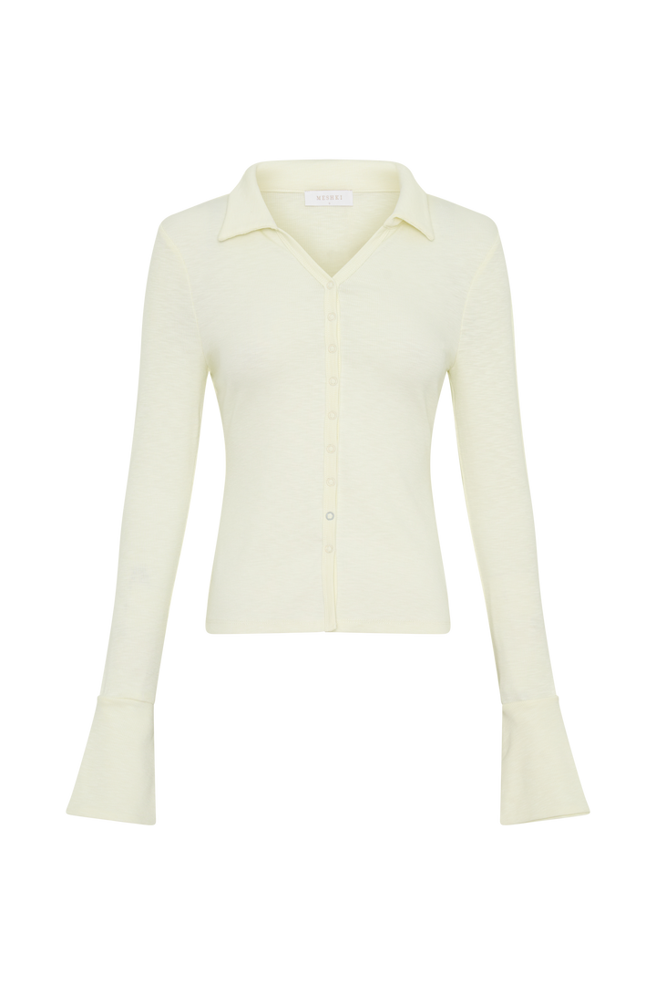 Glamcroft Button Down Long Sleeve Top with Clean Collar - Ivory