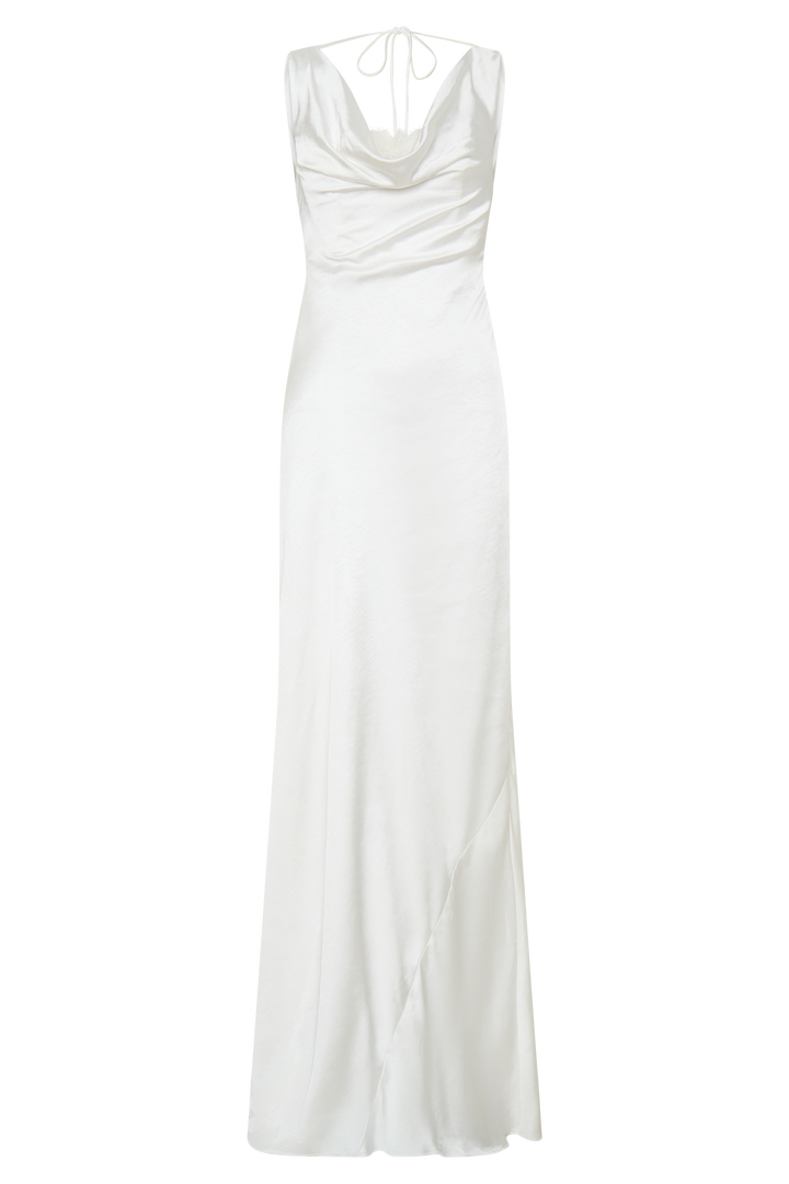 Glamcroft Maxi Dress with Cowl Neckline and Lace Trim - Ivory